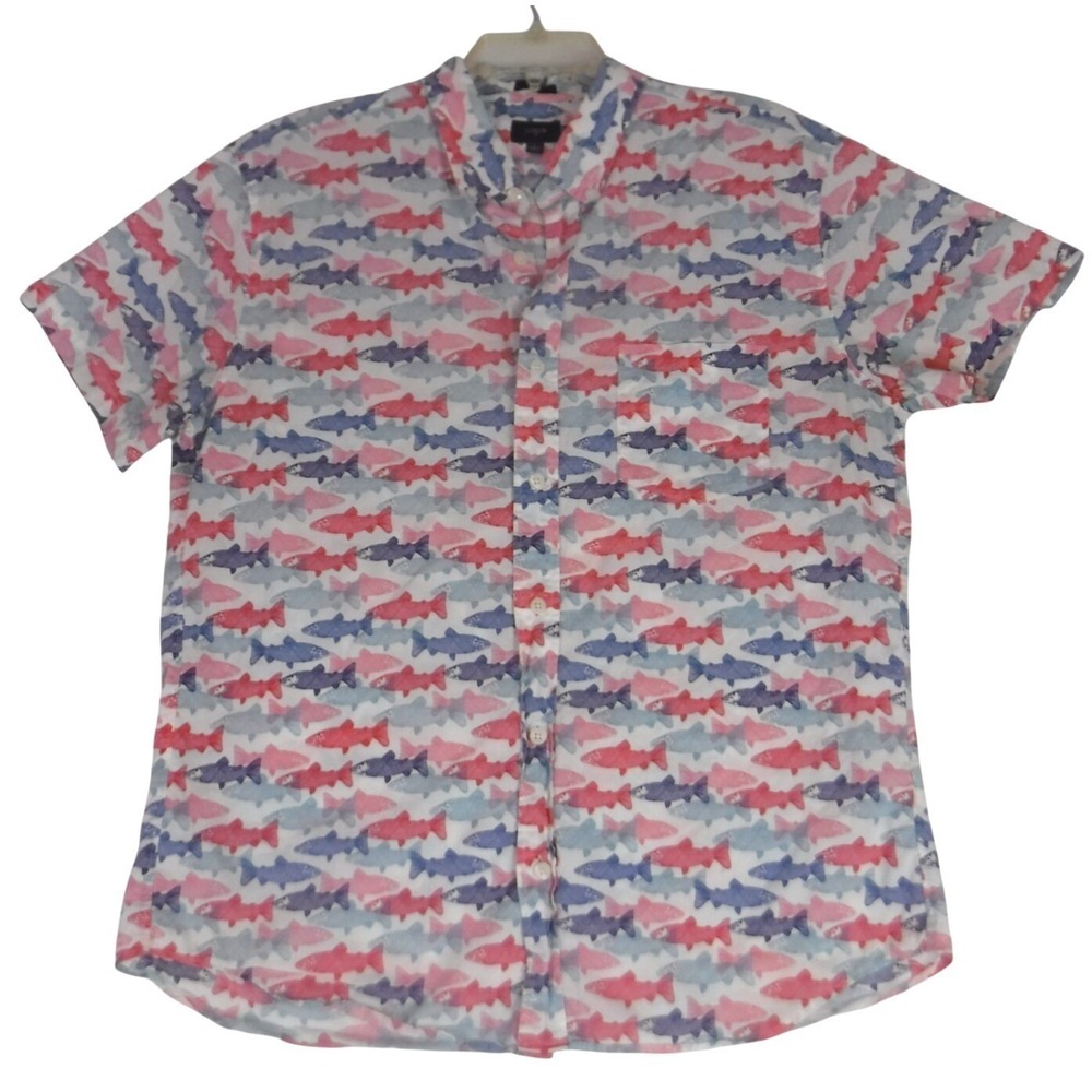 J.CREW Shirt Boy's Large Slim Fit Short Sleeve Button Down All Over Fish Print - Picture 1 of 11